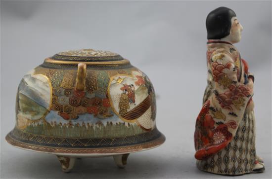 A Japanese Satsuma pottery figure and a similar tripod koro and cover, Meiji period, 10.5cm. diam.